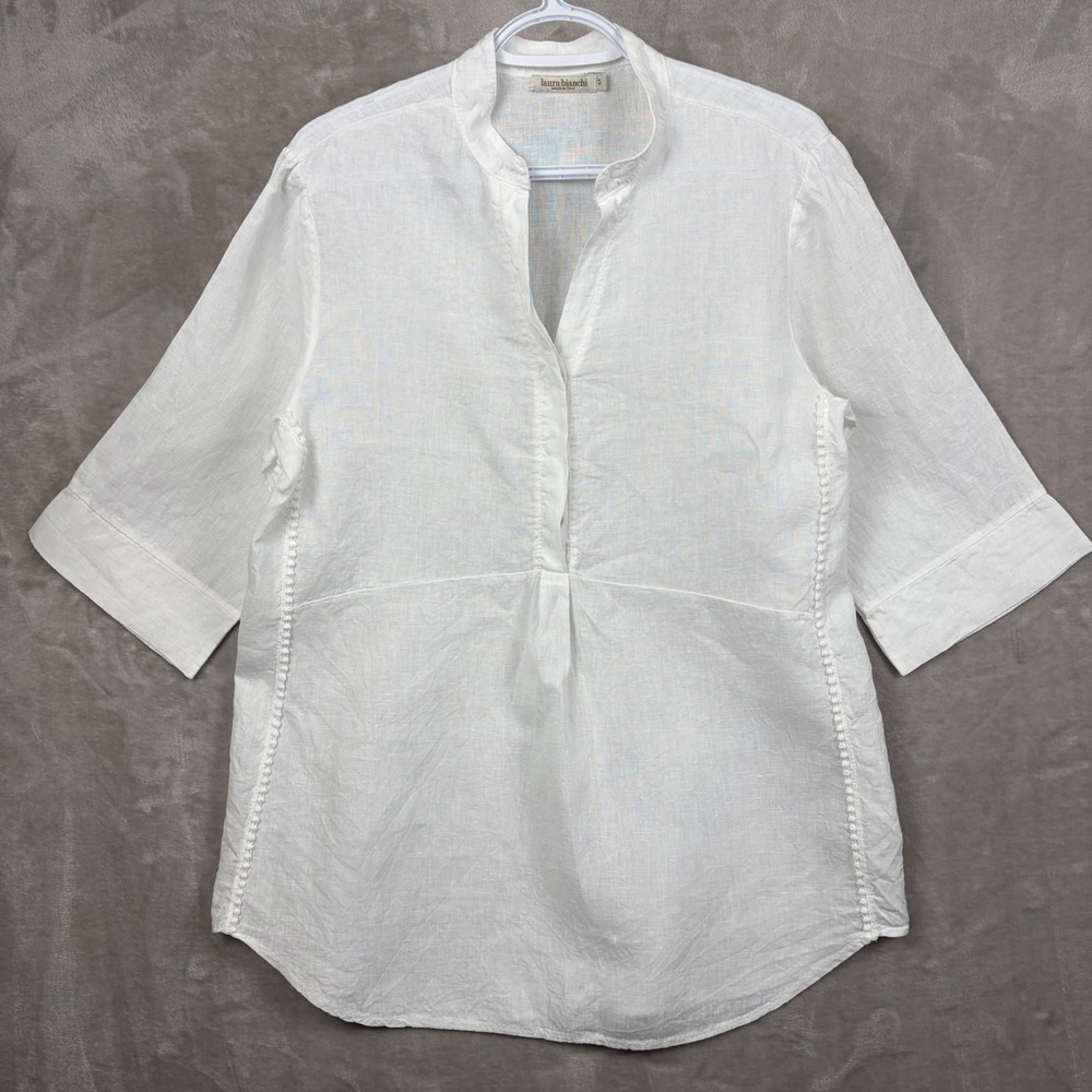 Laura Bianchi Linen Shirt M White Popover Top 3/4 Sleeve Crochet Detail Vacation